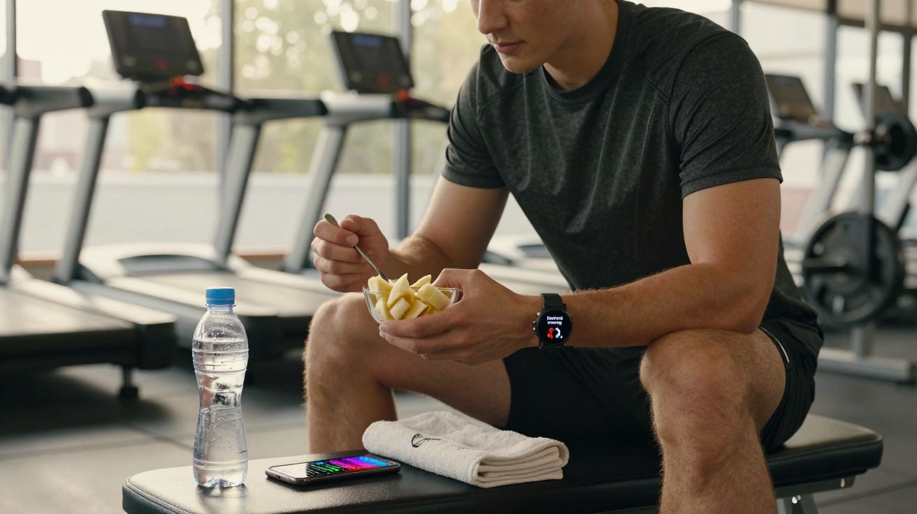 Homem sentado em academia comendo frutas, ao lado garrafa de água, toalha e celular em um banco.