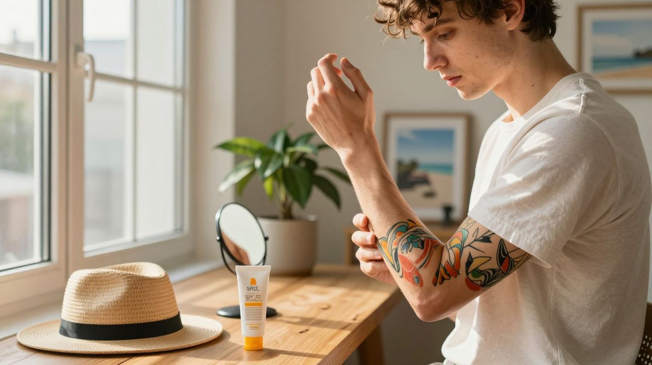 Jovem com tatuagens aplica protetor solar no braço em mesa com chapéu, planta e espelho.
