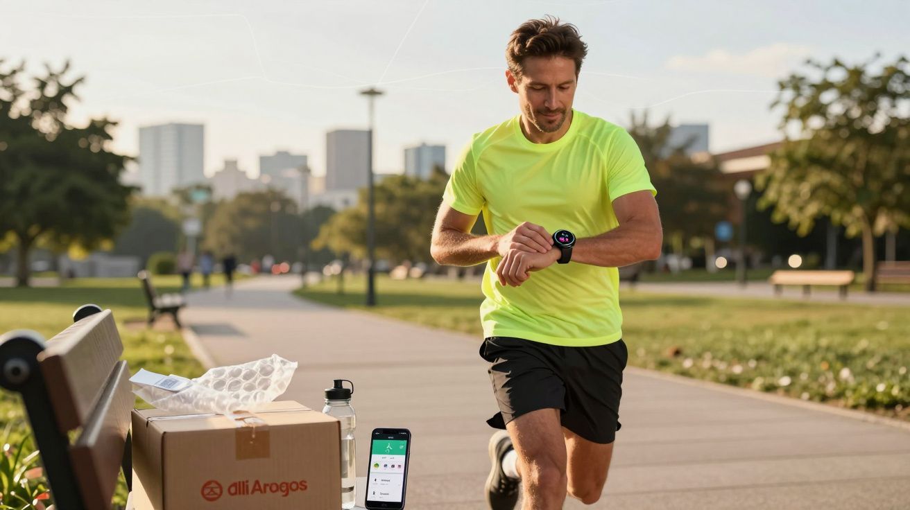 Homem correndo no parque olhando smartwatch, com caixa e celular apoiados em banco próximo.
