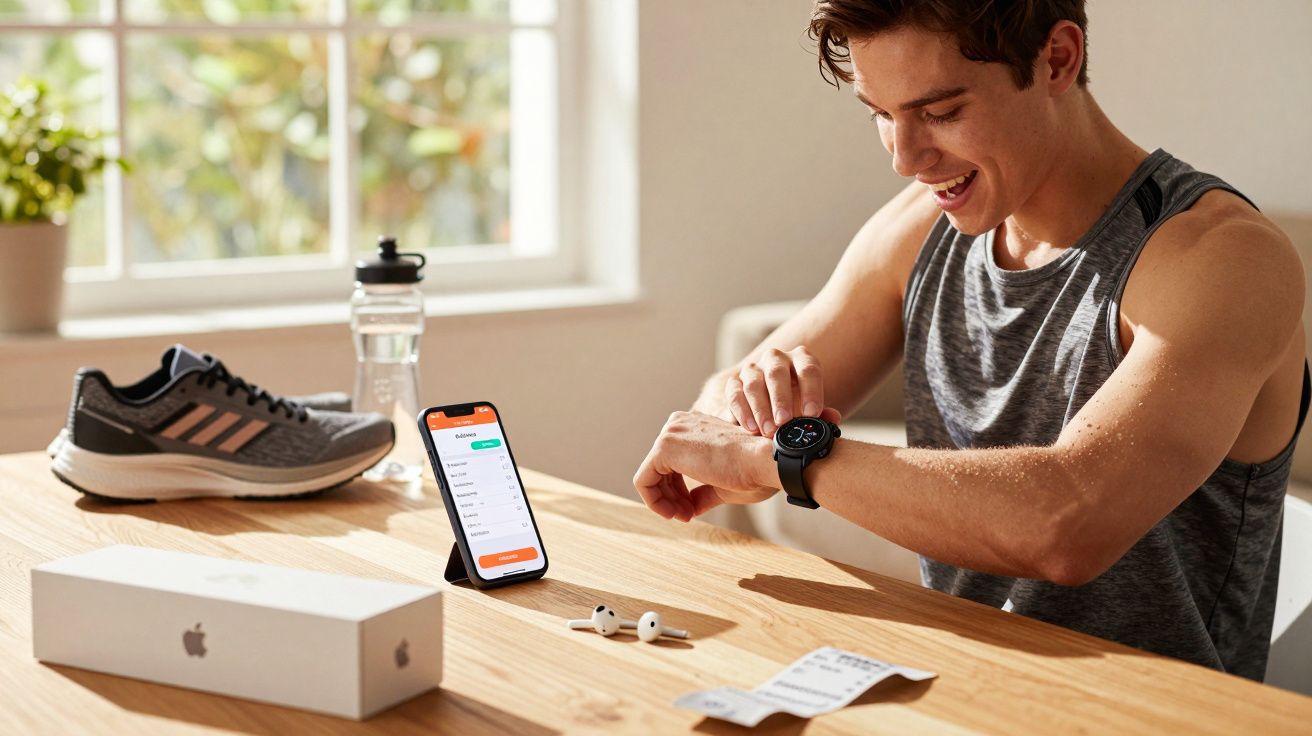Homem vestido com roupa de academia confere relógio esportivo sentado à mesa com tênis, celular e garrafa.
