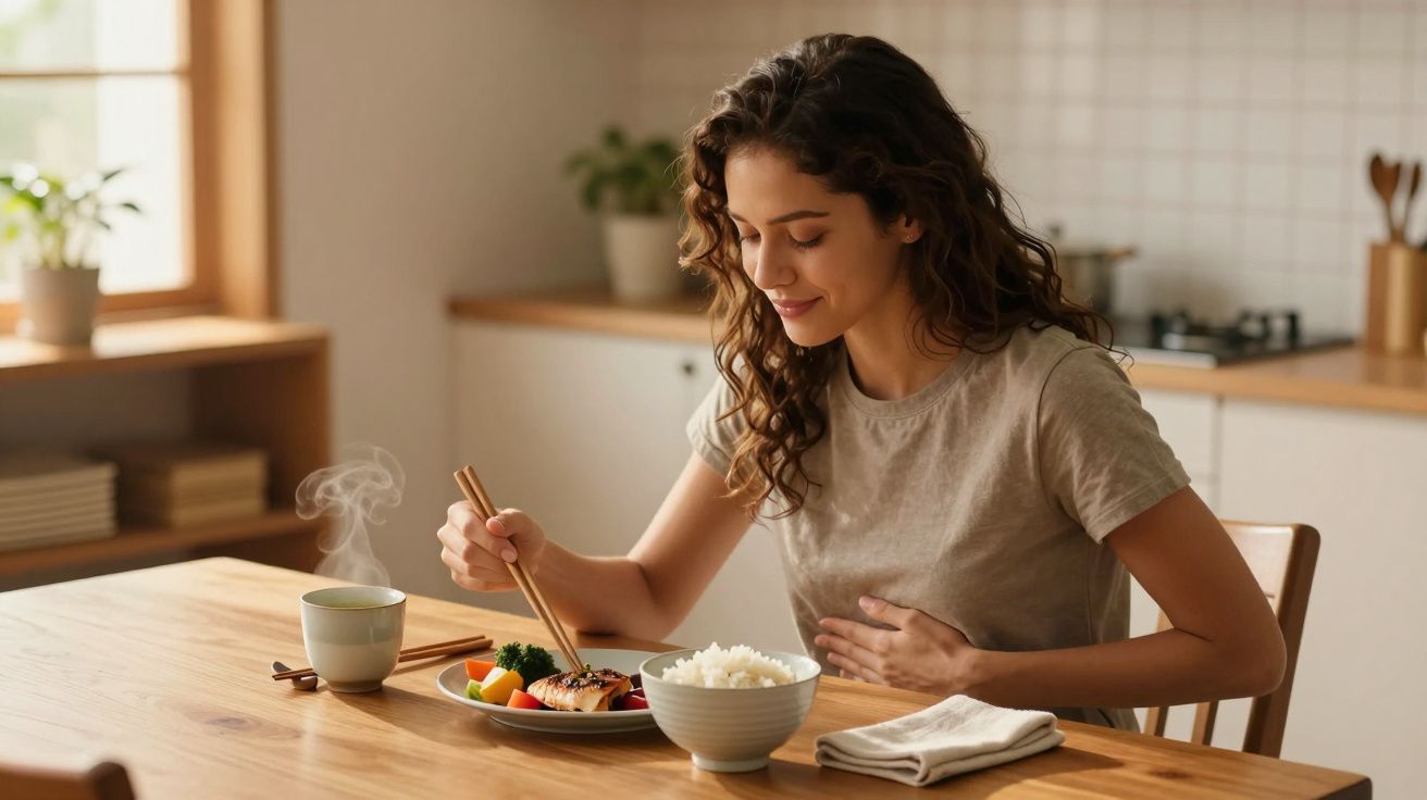 Mulher sorrindo segurando o estômago enquanto come refeição saudável em cozinha iluminada.