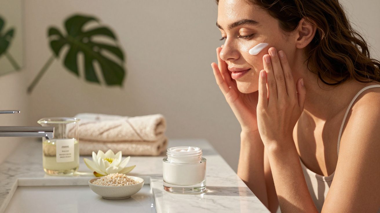 Mulher aplicando creme facial, mesa com hidratante, flores e toalha em ambiente iluminado.