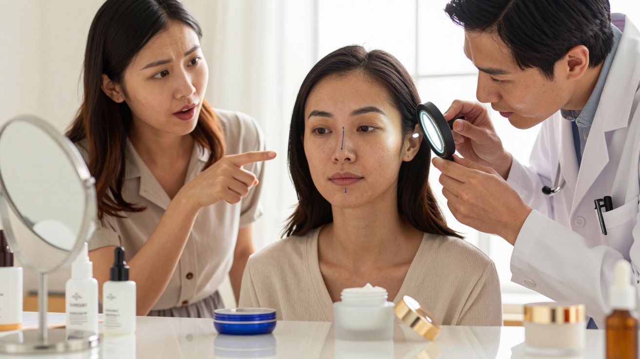 Paciente sentada recebendo avaliação dermatológica enquanto outra mulher observa e aponta marcas no rosto dela.