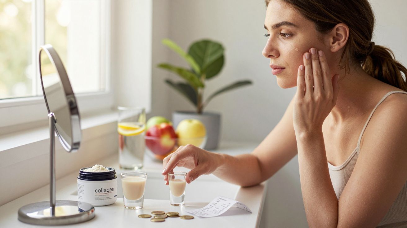 Mulher aplicando creme no rosto, sentada à mesa com espelho, pote de colágeno e frutas ao fundo.