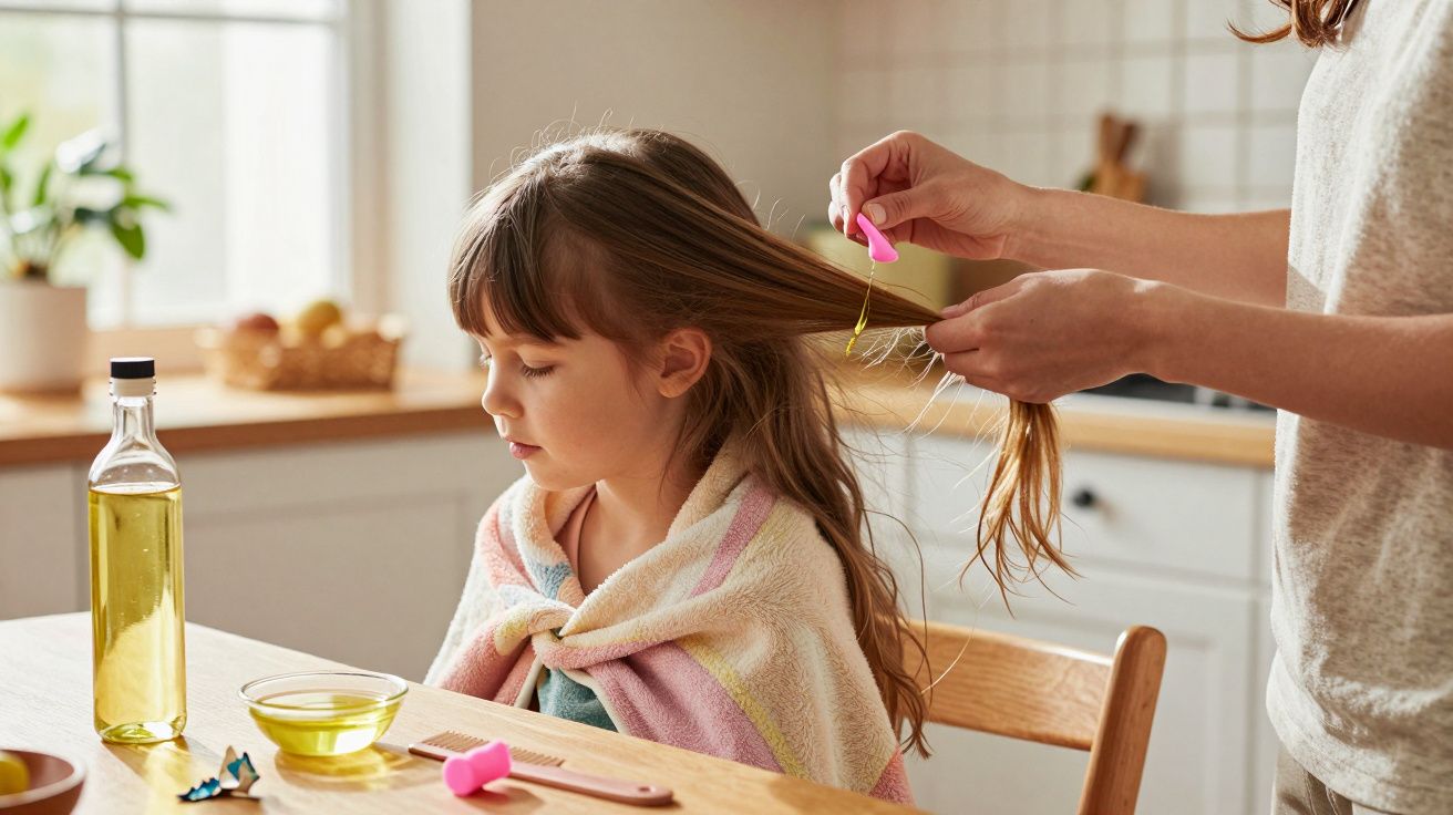 Menina sentada com toalha nos ombros enquanto um adulto desembaraça seus cabelos na cozinha.