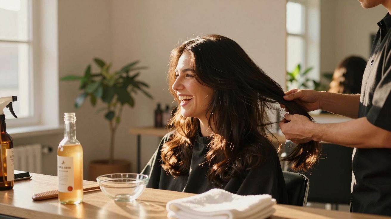 Mulher sorridente sentada em salão recebendo tratamento capilar de profissional com luz natural.