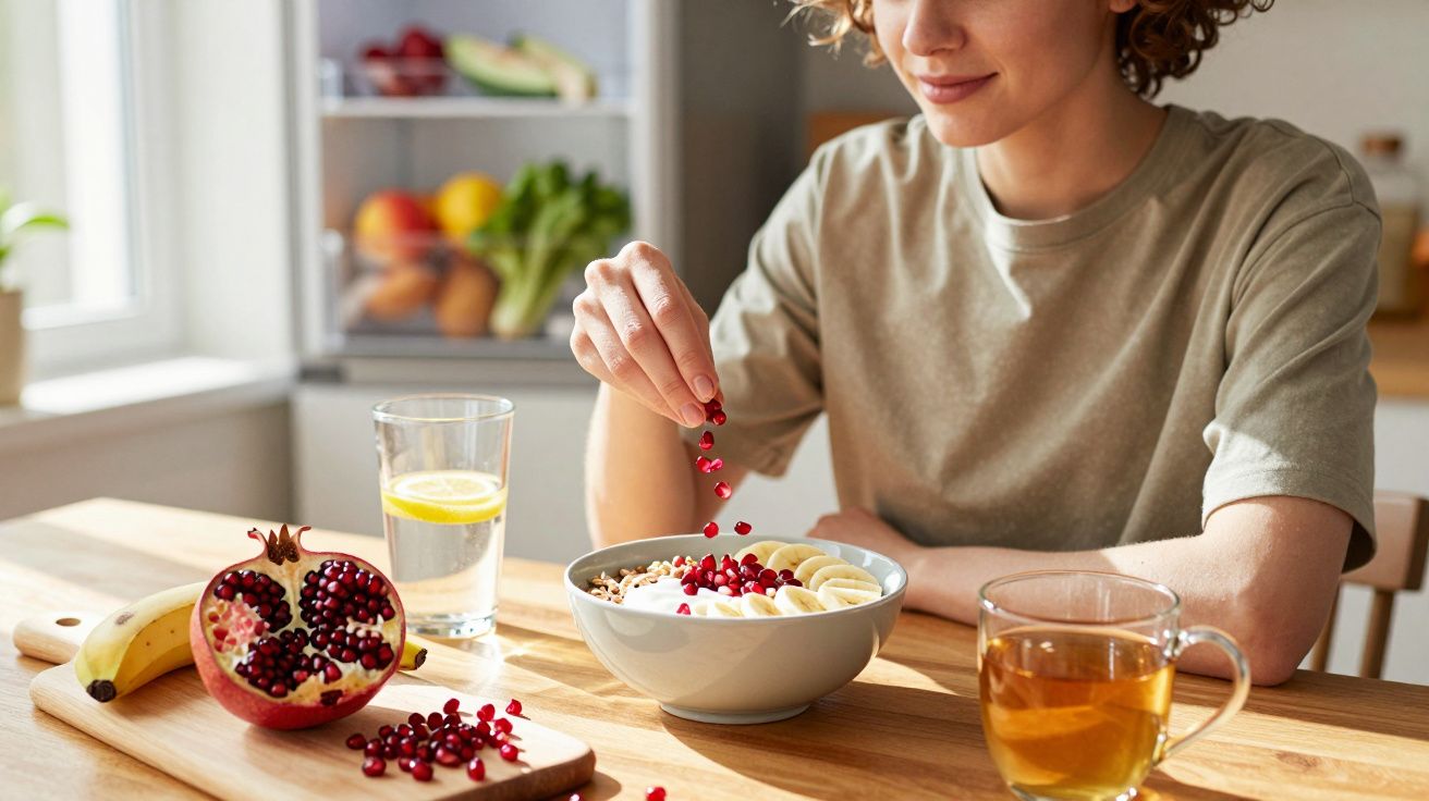 Pessoa adiciona sementes de romã em tigela com frutas e cereal, ao lado de chá e água com limão.