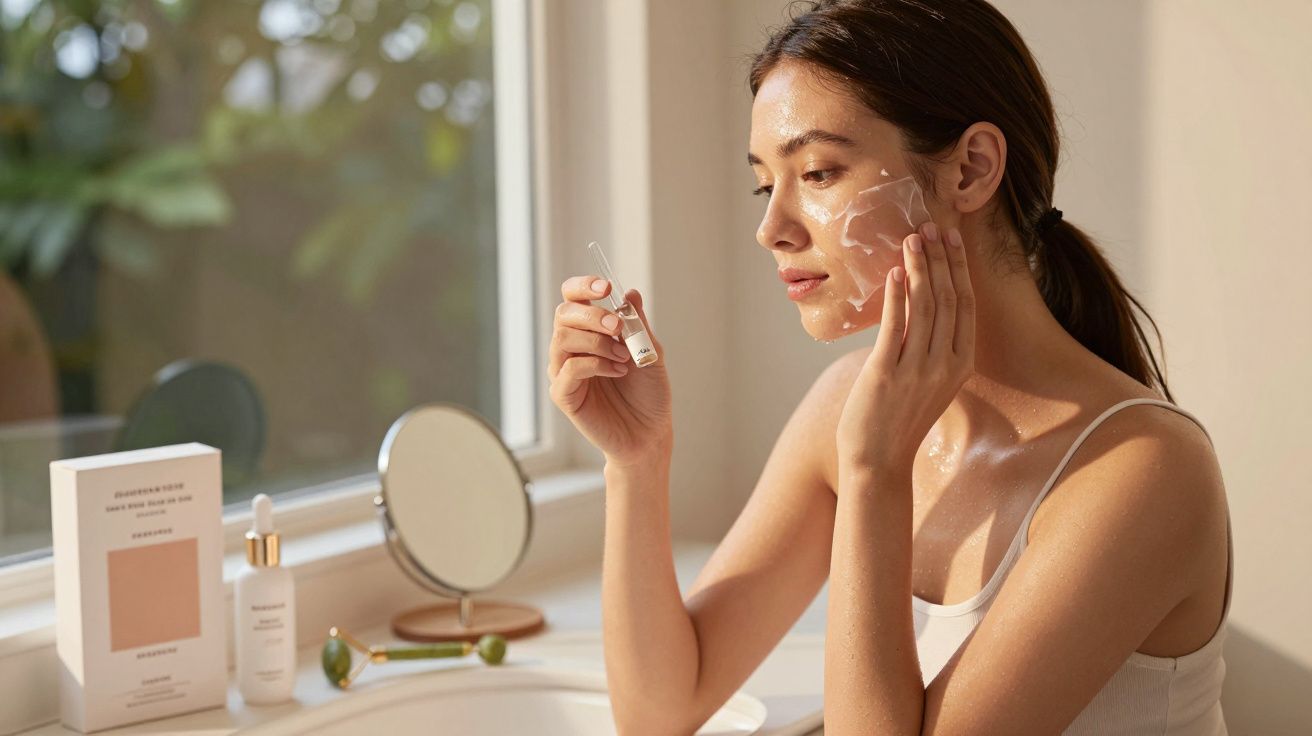 Mulher aplicando máscara facial transparente no rosto em ambiente iluminado natural com produtos de beleza ao fundo.