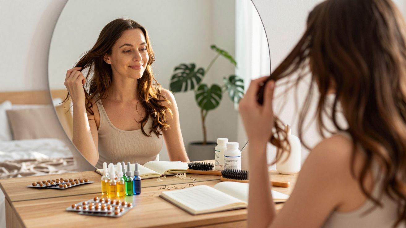 Mulher sorrindo no espelho enquanto cuida do cabelo em uma mesa com remédios e anotações.
