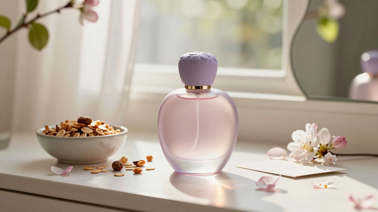 Frasco de perfume lilás fosco com tampa decorada, ao lado de pequeno vaso com flores e um prato com sementes.
