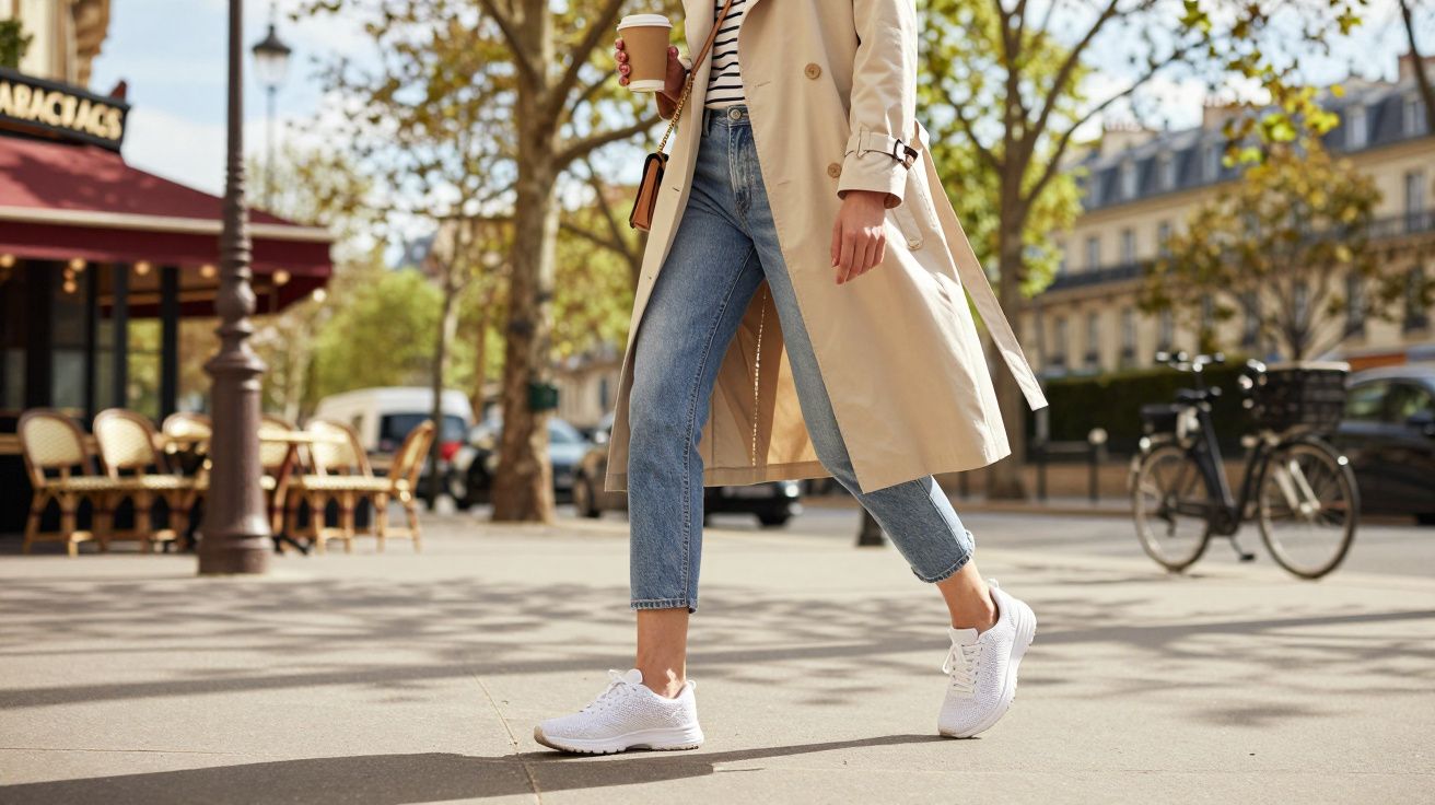 Pessoa caminhando na calçada de rua urbana segurando copo de café, vestindo trench coat bege e tênis branco.
