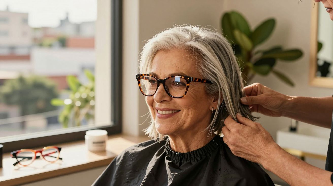 Mulher sorridente de cabelo grisalho recebe corte de cabelo em salão iluminado pela luz natural.