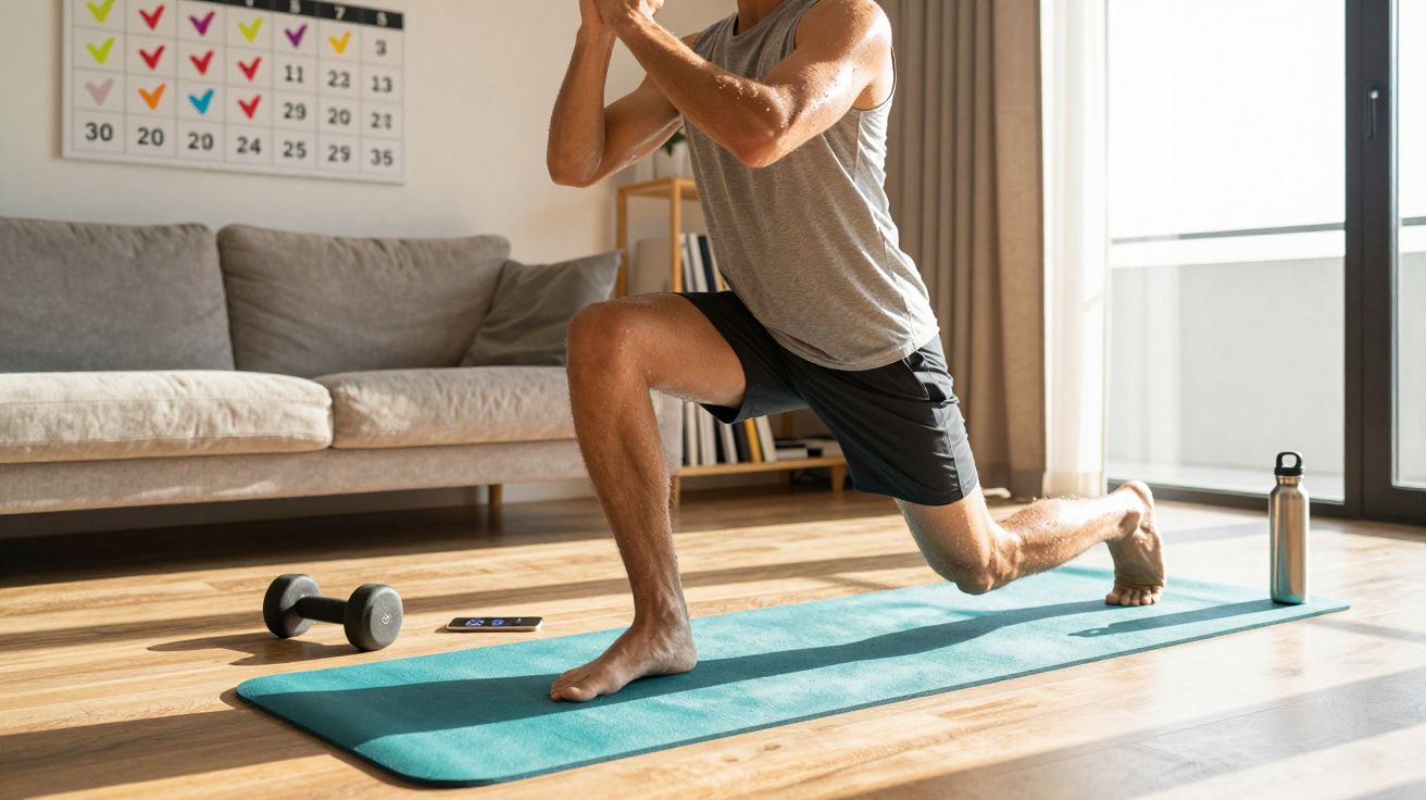 Homem fazendo exercício de avanço em tapete azul na sala com halter e garrafa ao lado.