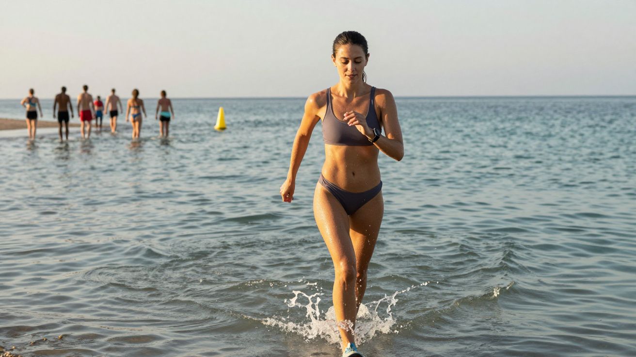 Mulher correndo em águas rasas de praia com grupo de pessoas ao fundo, céu claro e mar calmo.