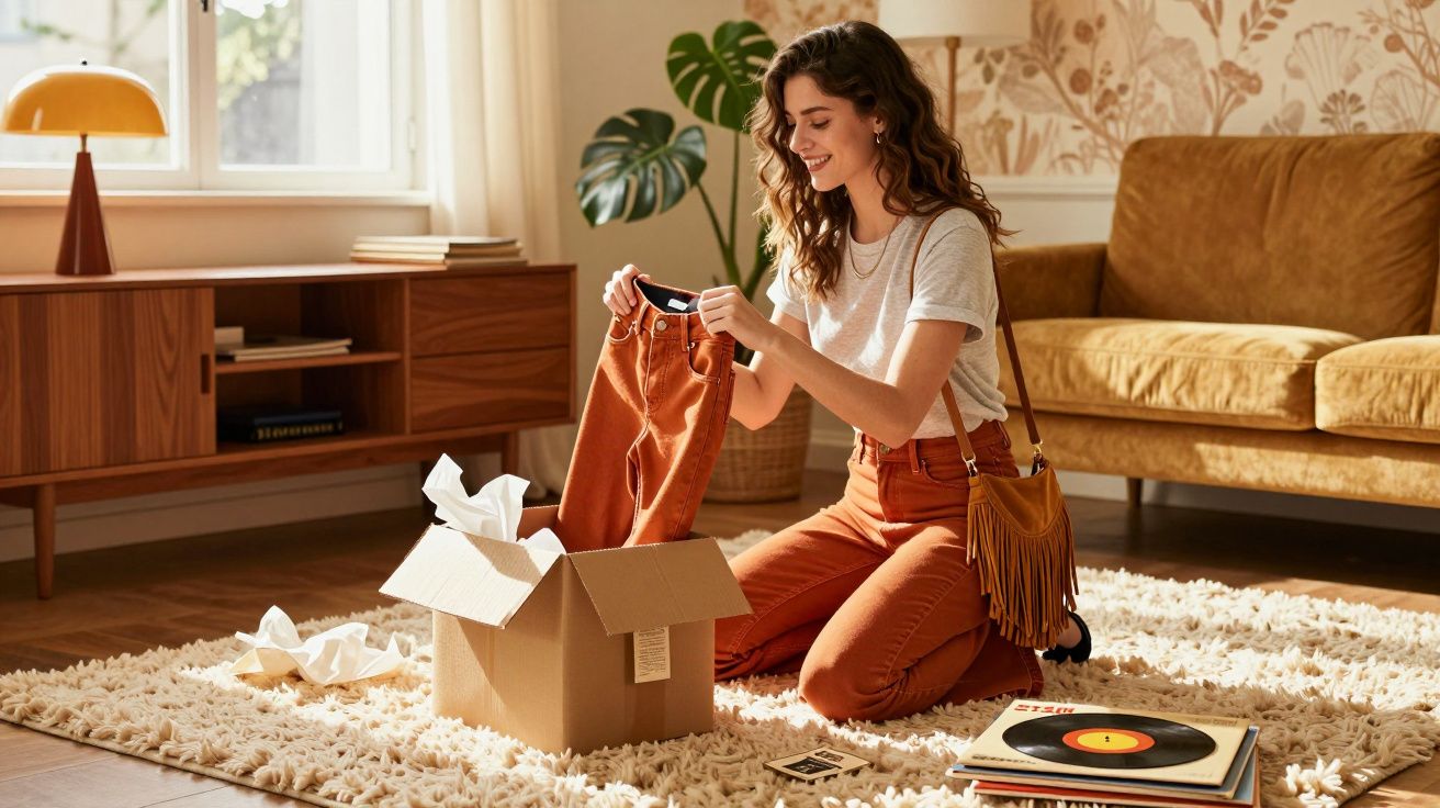Mulher sentada no tapete abrindo caixa com calça laranja em sala iluminada e decorada.