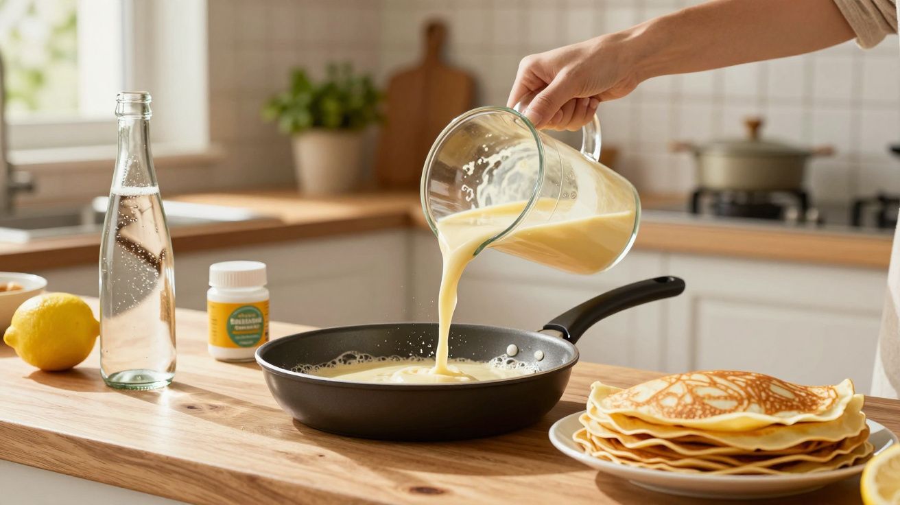 Pessoa despejando massa para panqueca em frigideira com pilha de panquecas ao lado na cozinha.