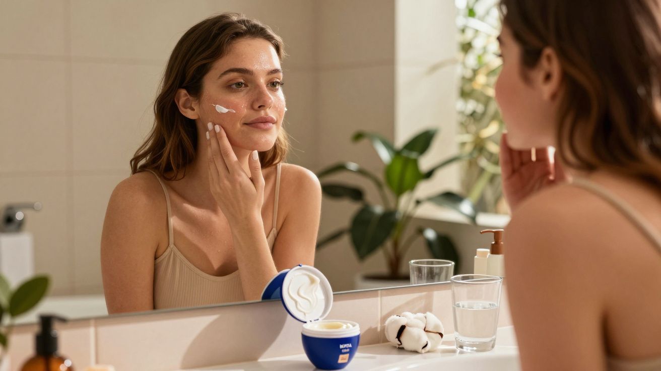 Mulher aplicando creme facial em frente ao espelho no banheiro bem iluminado, com plantas ao fundo.