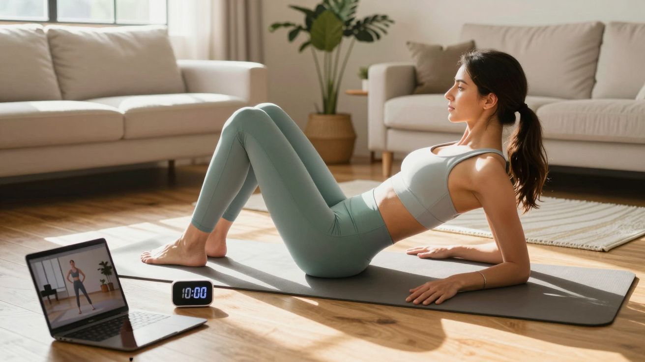 Mulher fazendo exercícios no tapete em casa, seguindo aula online no laptop próximo ao relógio digital.