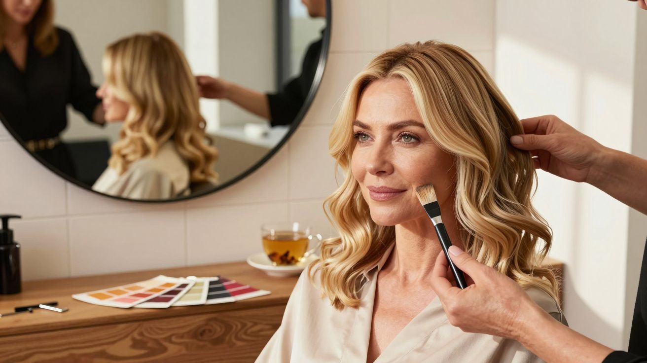 Mulher loira sorrindo enquanto profissional aplica maquiagem em seu rosto em salão de beleza.