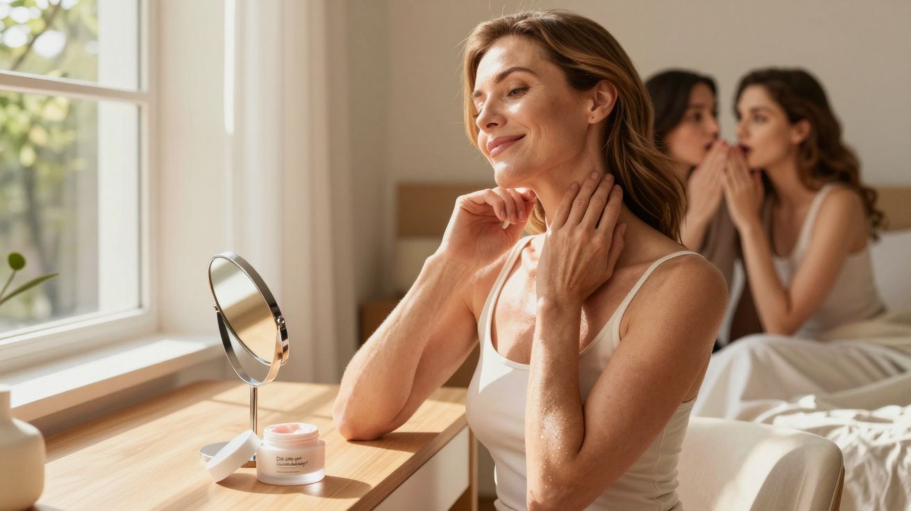 Mulher aplicando creme no pescoço sentada perto de espelho, com duas mulheres conversando ao fundo no quarto.