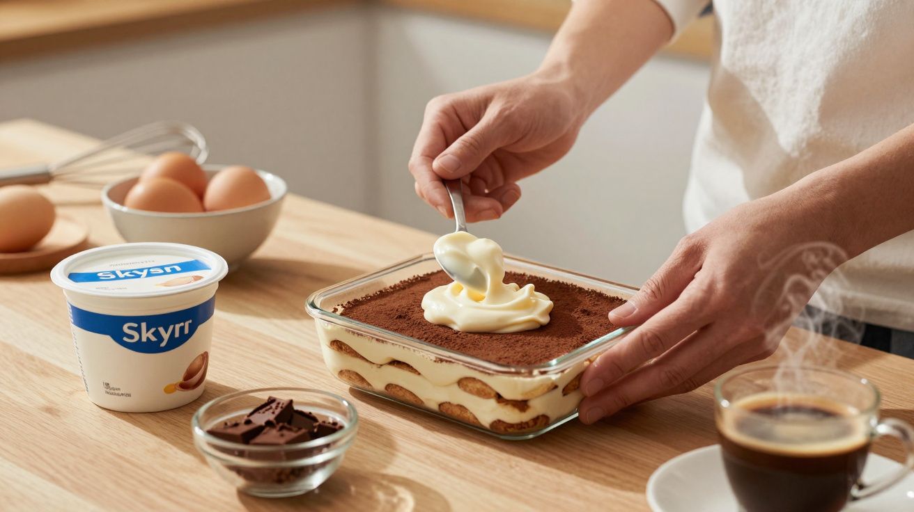 Pessoa colocando creme em sobremesa de tiramisu em recipiente de vidro sobre bancada de madeira.