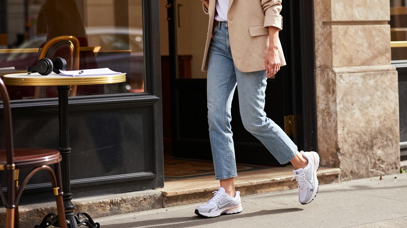 Pessoa com calça jeans, blazer bege e tênis branco saindo de uma cafeteria numa calçada urbana.