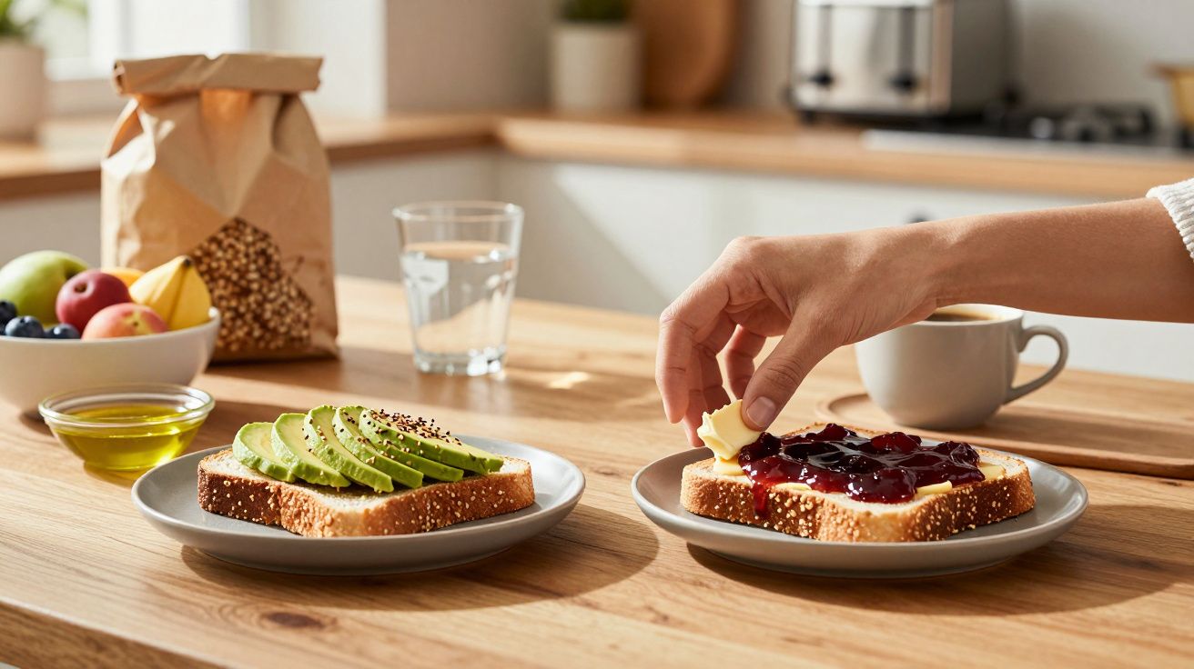 Fatia de pão com fatias de abacate ao lado de fatia com geleia e manteiga sendo colocada na cozinha.