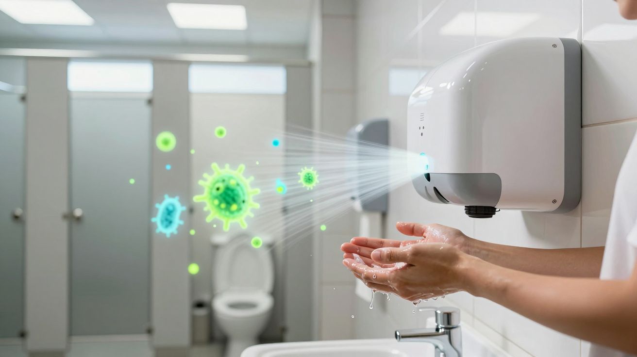 Mãos sendo secas com secador automático em banheiro público com ilustrações de germes e bactérias.