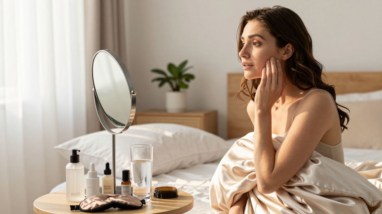 Mulher olhando para o espelho, envolta em lençol, com produtos de skincare sobre a mesa.