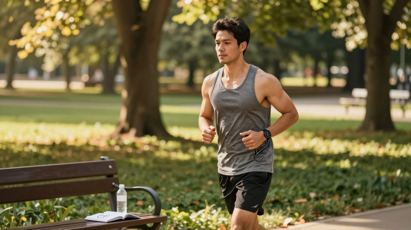 Homem correndo em parque durante o dia com camiseta regata cinza e shorts pretos.