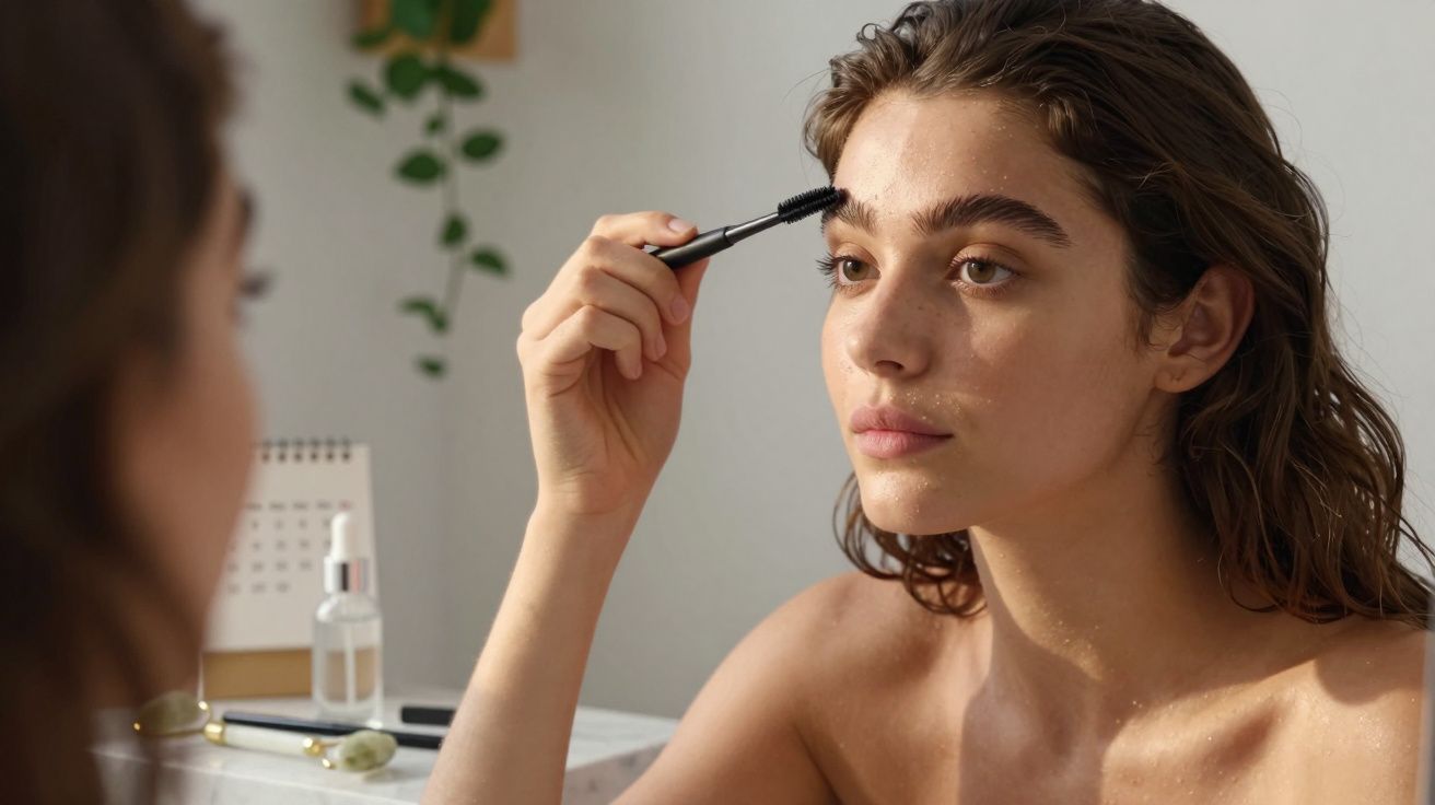 Mulher jovem aplicando rímel nos cílios enquanto se olha em um espelho em ambiente interno.