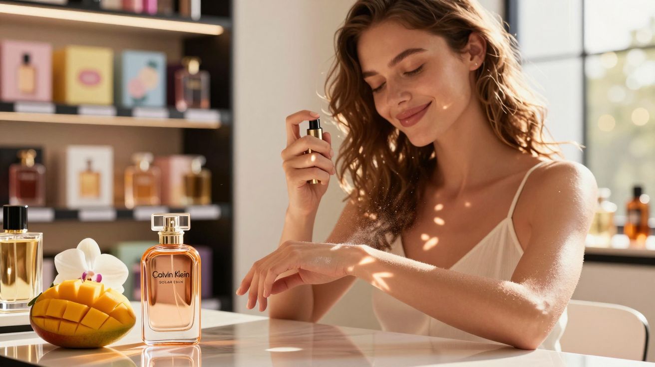 Mulher aplicando perfume em um braço, com mesa e frascos de perfume ao redor em ambiente iluminado.