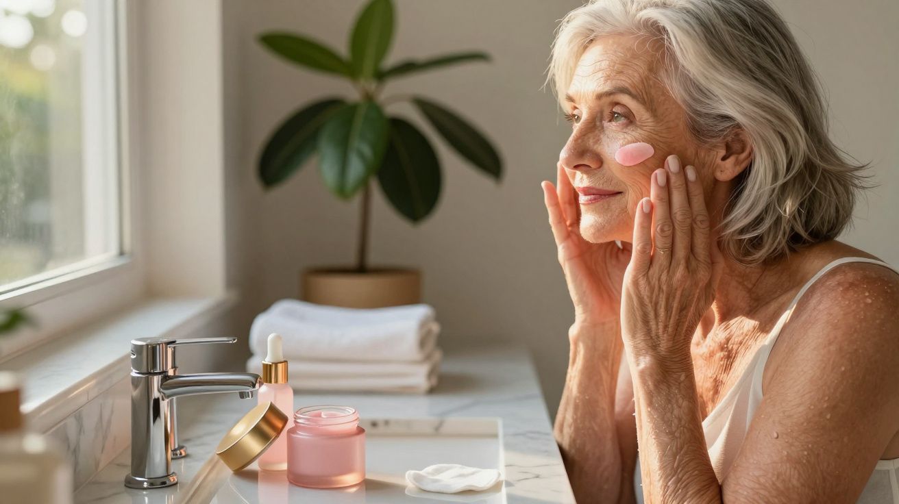 Mulher idosa aplicando creme facial ao lado da pia iluminada por luz natural da janela.