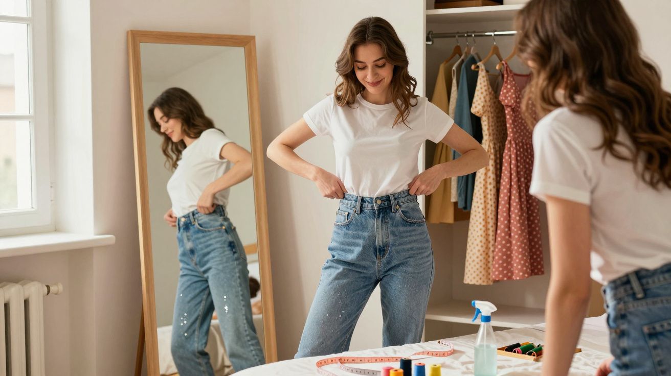 Jovem experimenta calça jeans frente ao espelho em quarto com roupas e itens de costura.