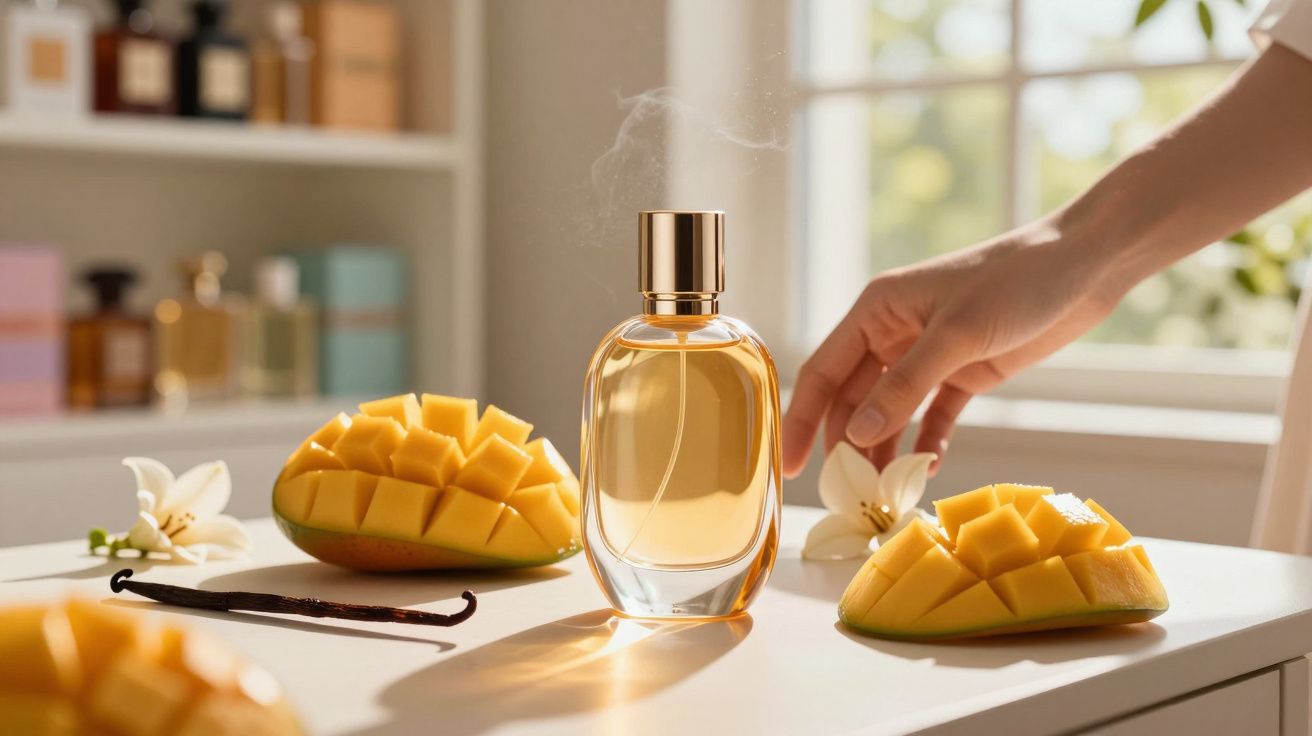 Frasco de perfume dourado ao centro, rodeado por mangas cortadas, flores brancas e uma mão ao fundo.