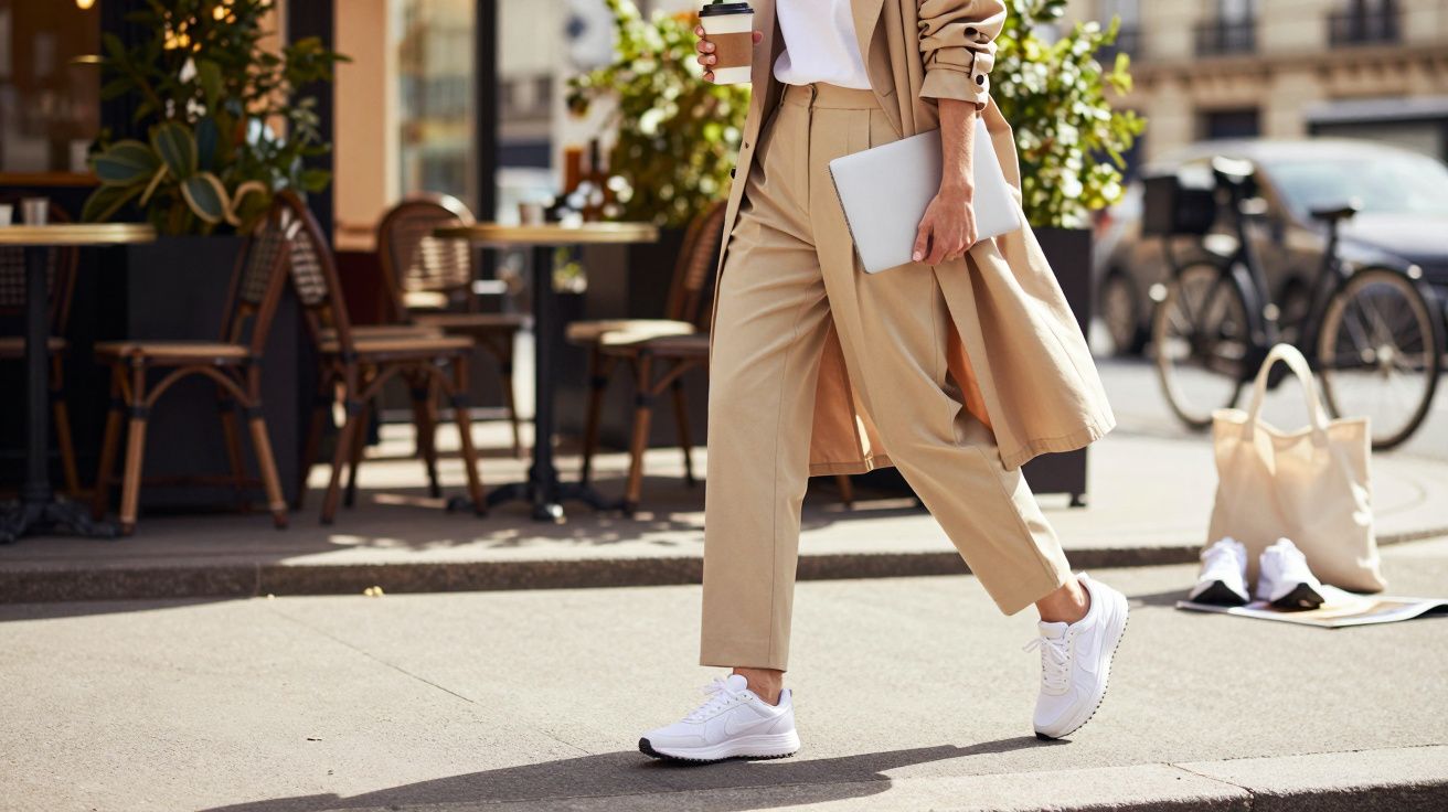 Pessoa caminhando na calçada usando tênis branco e roupa bege, segurando copo e laptop.