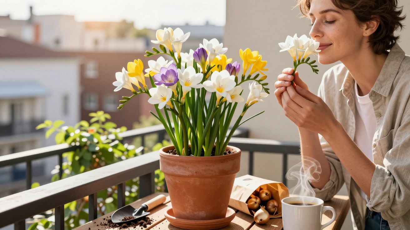 Mulher cheirando flores brancas em vaso de cerâmica numa varanda ensolarada com café ao lado.