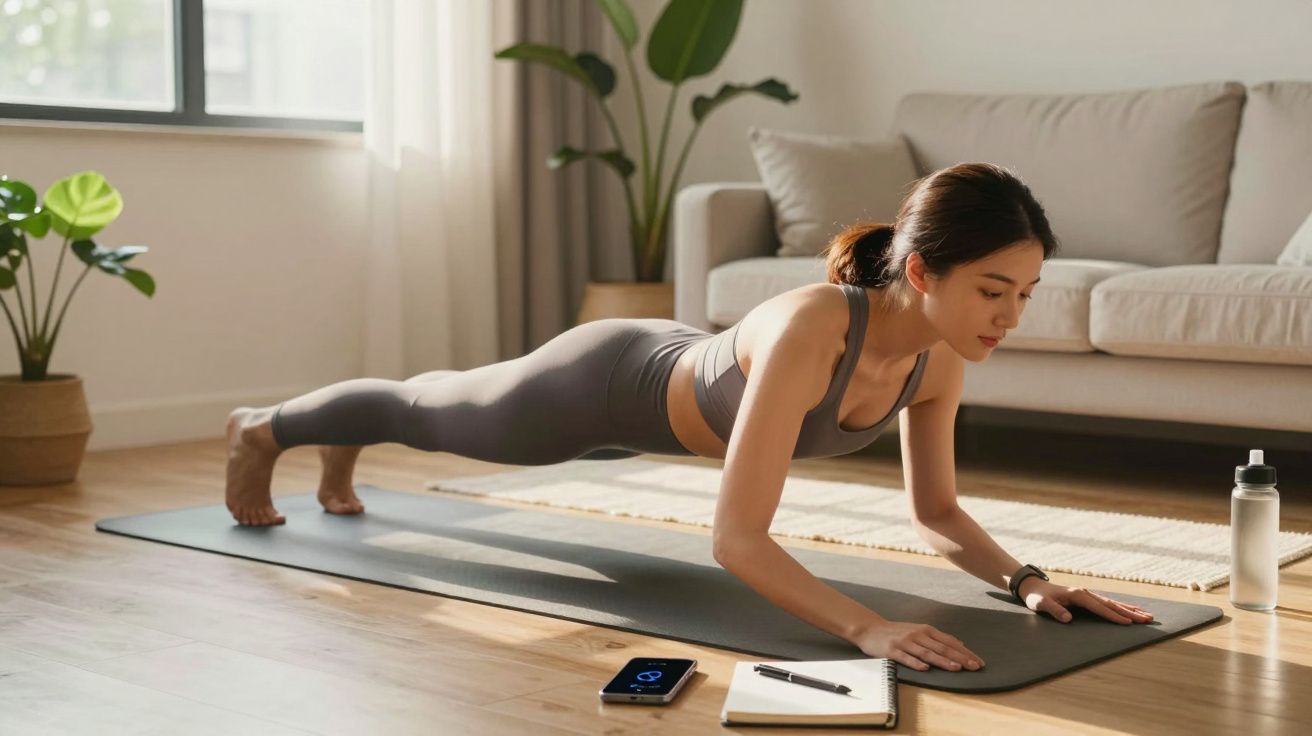 Mulher fazendo prancha em tapete de yoga na sala, com garrafa, celular e caderno ao lado.