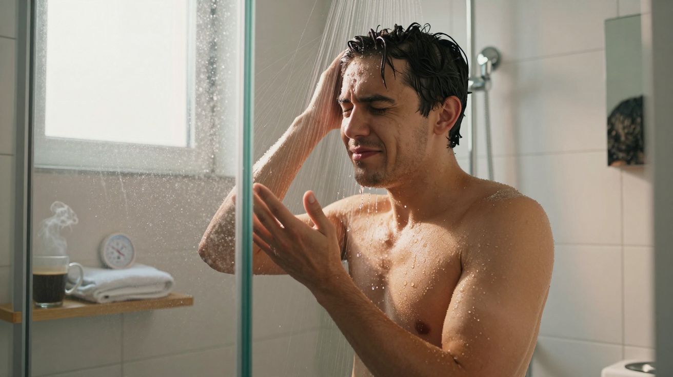Homem tomando banho em chuveiro, com olhos fechados e água caindo sobre a cabeça em banheiro iluminado.