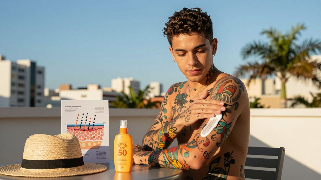 Homem tatuado aplicando protetor solar no braço em área externa com mesa, chapéu e frasco ao sol.