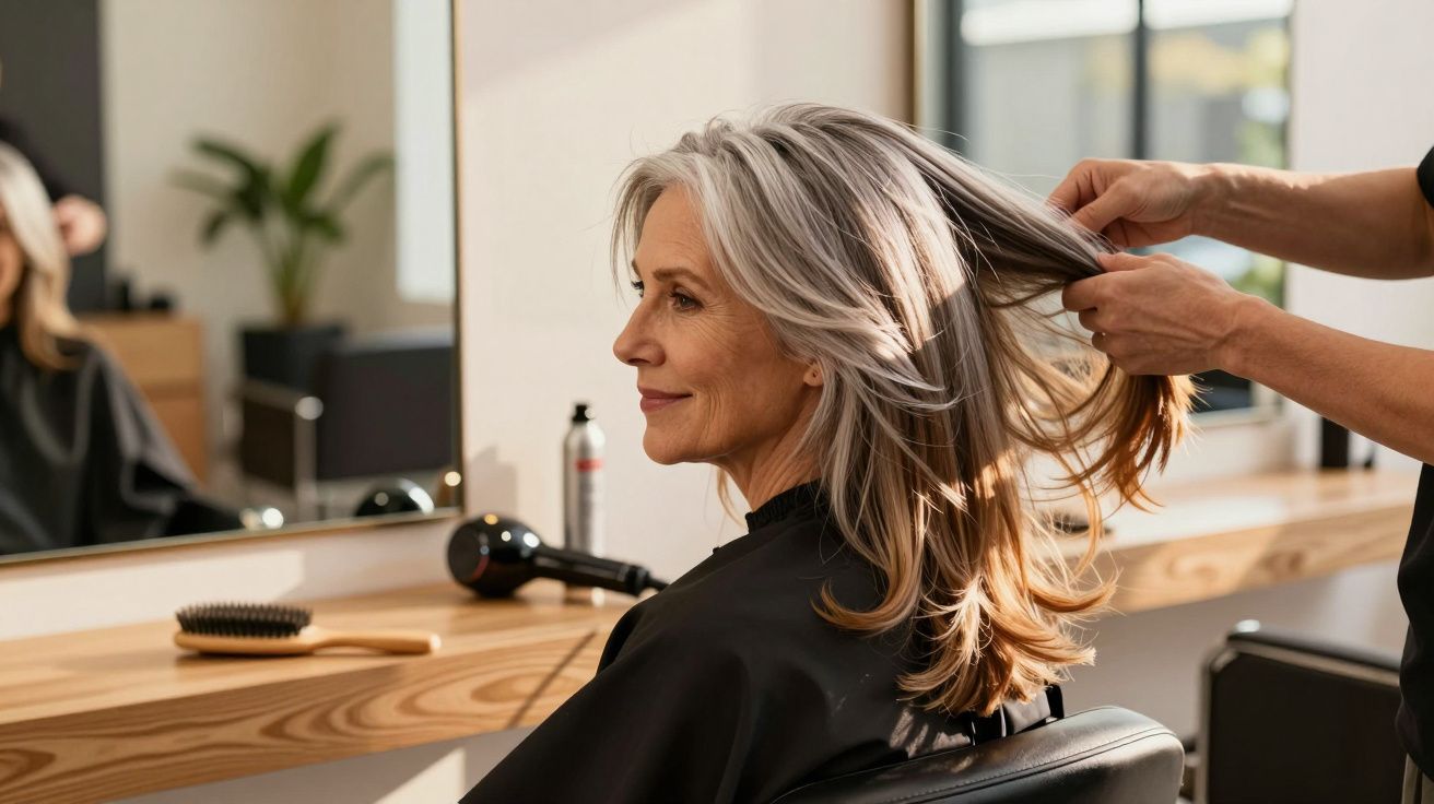 Mulher madura com cabelos grisalhos sendo penteada em salão de beleza, vista lateral.