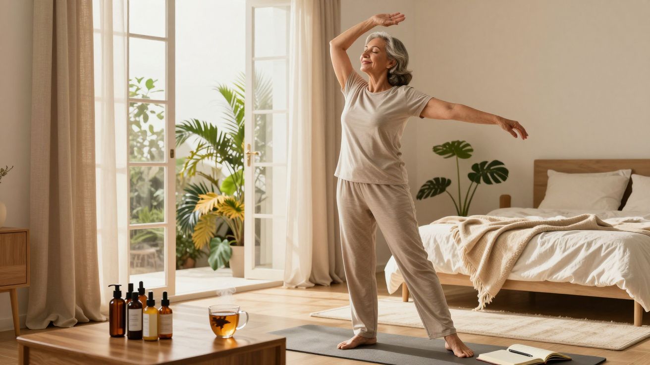 Mulher madura praticando alongamento em casa, em ambiente iluminado e aconchegante com plantas e cama ao fundo.