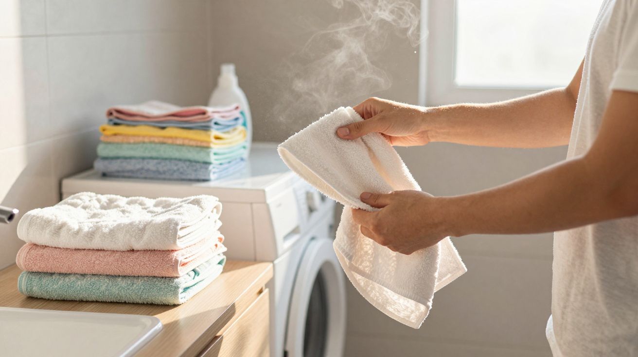 Pessoa segurando toalha branca quente com vapor, ao lado de pilhas de toalhas dobradas em lavanderia.