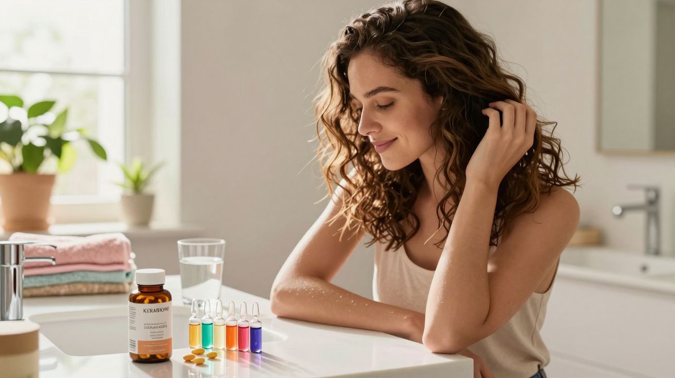 Mulher sentada à mesa com frascos coloridos e frasco de suplemento em ambiente claro e aconchegante.