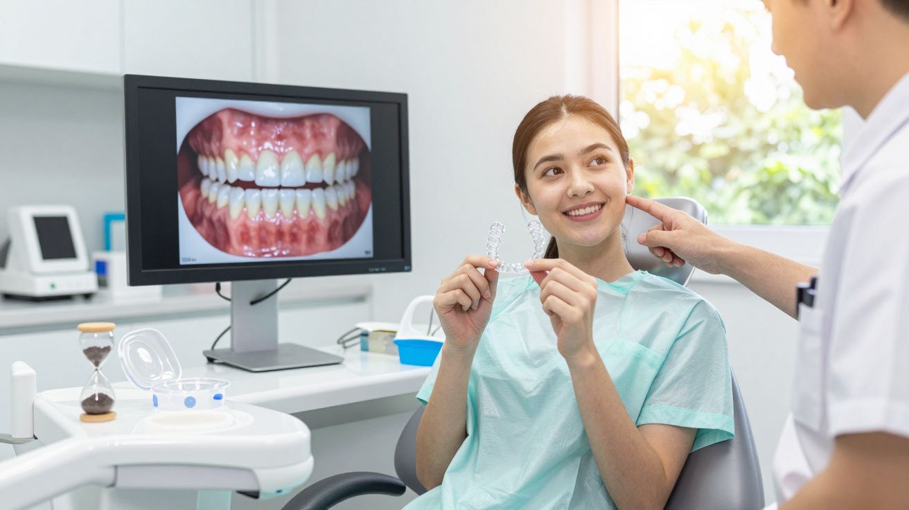 Paciente segurando alinhador transparente enquanto dentista explica tratamento com imagem digital de boca ao fundo.