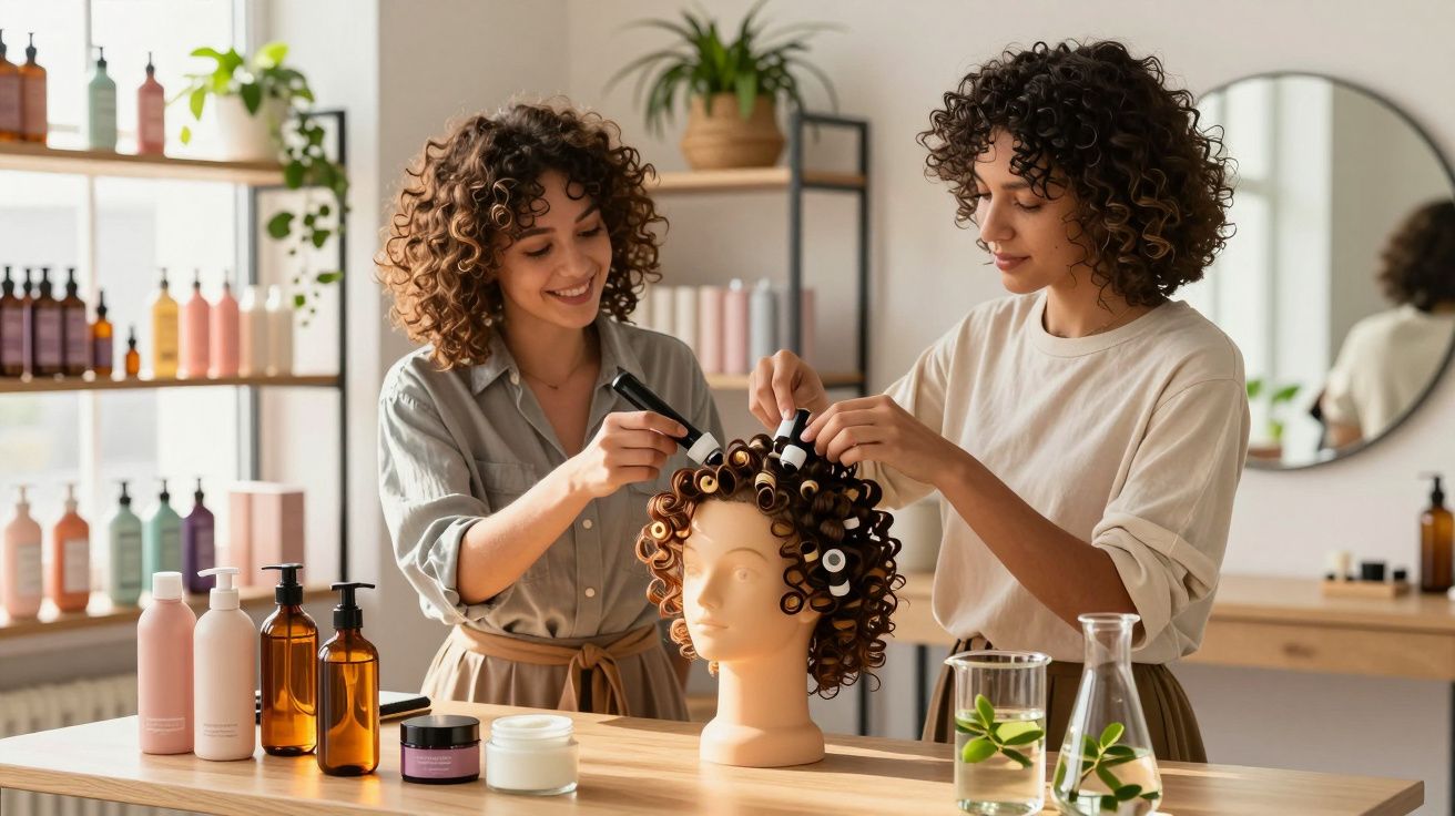 Duas mulheres aplicando produtos em mannequin cabeleireiro com bobes em salão com prateleiras de cosméticos.