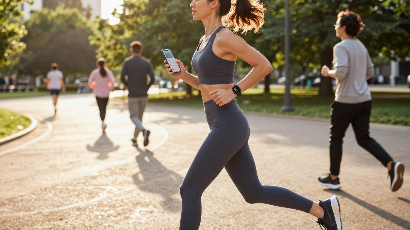 Mulher jovem correndo ao ar livre em parque ensolarado com outras pessoas ao fundo.
