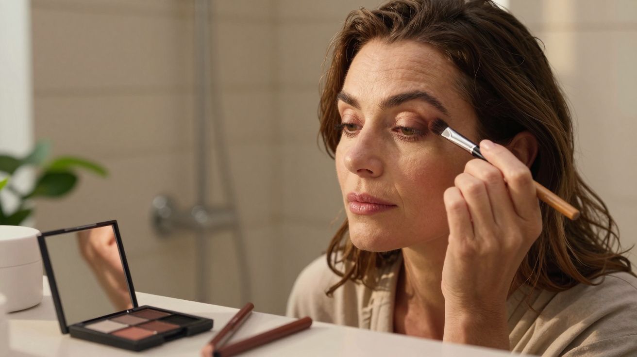 Mulher aplicando sombra nos olhos diante de espelho em ambiente interno iluminado.