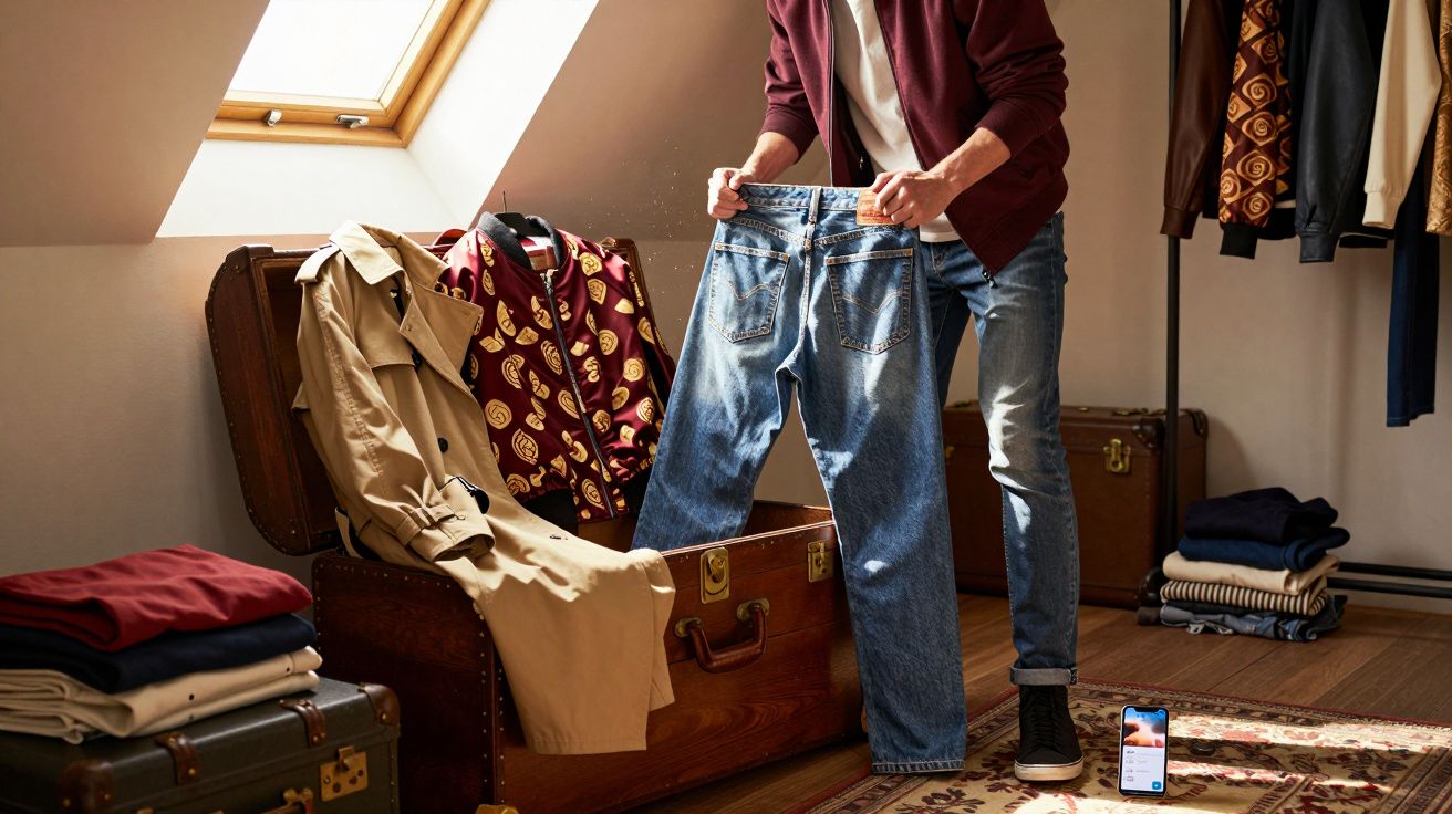 Pessoa segurando uma calça jeans ao organizar roupas próximas a uma mala antiga em um quarto iluminado pela janela.