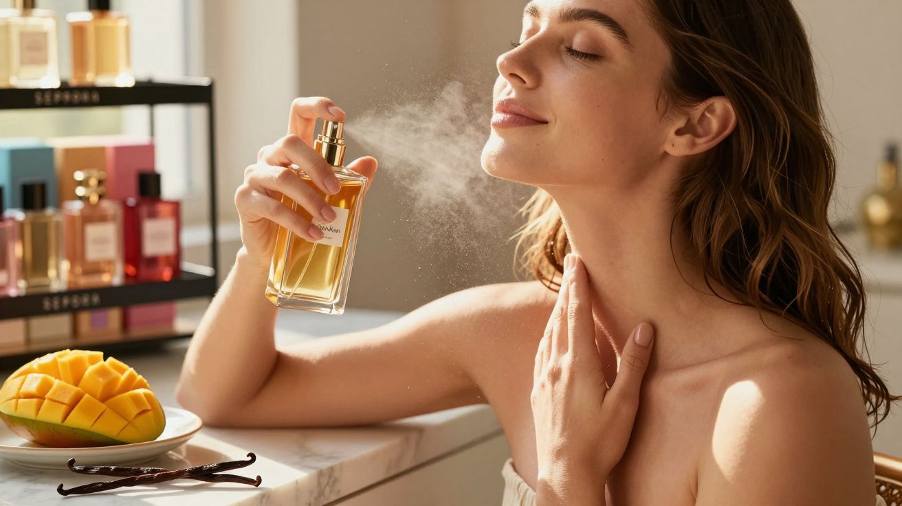 Mulher borrifando perfume no pescoço, perto de manga fatiada e vagens de baunilha.